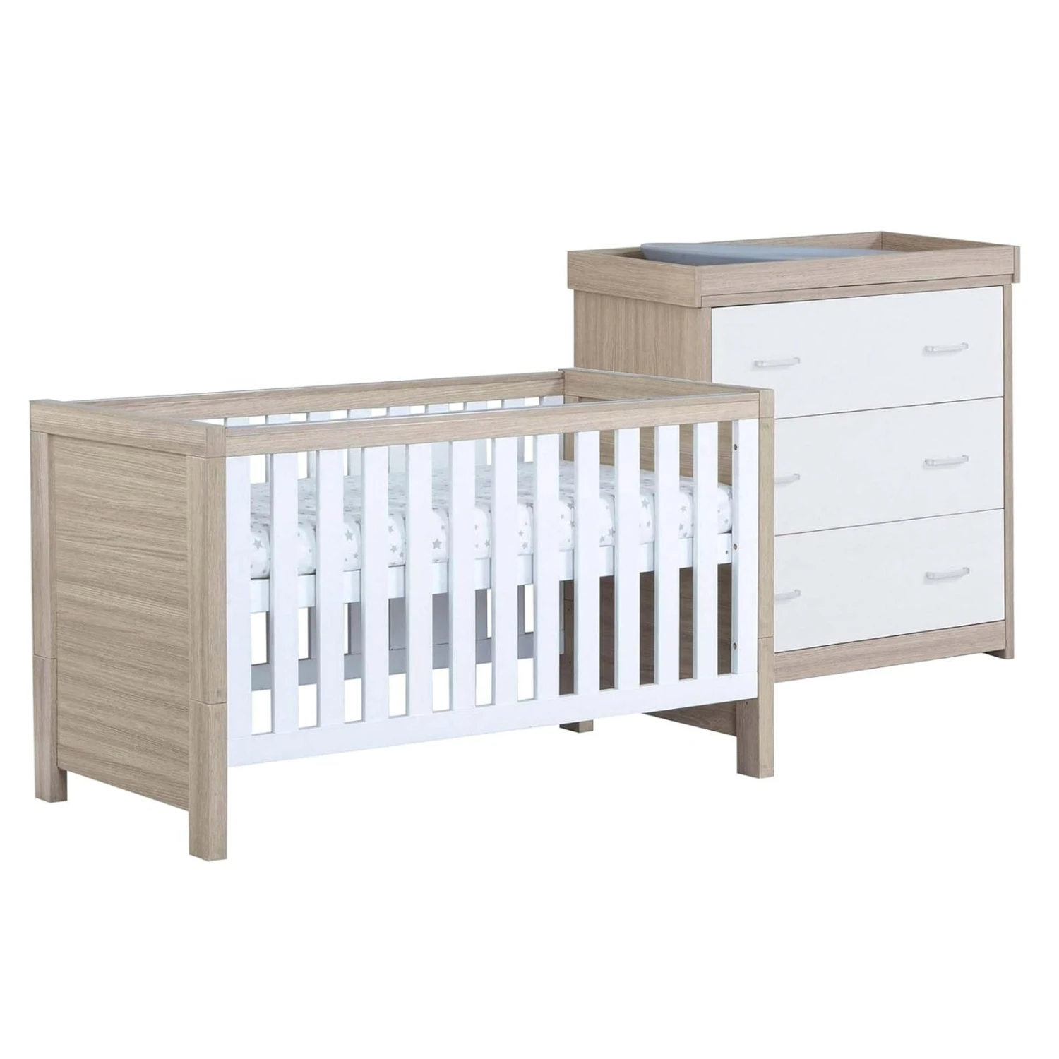Babymore Babymore Luno 2 Piece Nursery Furniture Set with Cot Bed & Dresser - Oak White Babymore Babymore Luno 2 Piece Nursery Furniture Set With Cot Bed & Dresser - Oak White -Push Chair Expert Sales Babymore Luno White Oak 2 Piece no drawer