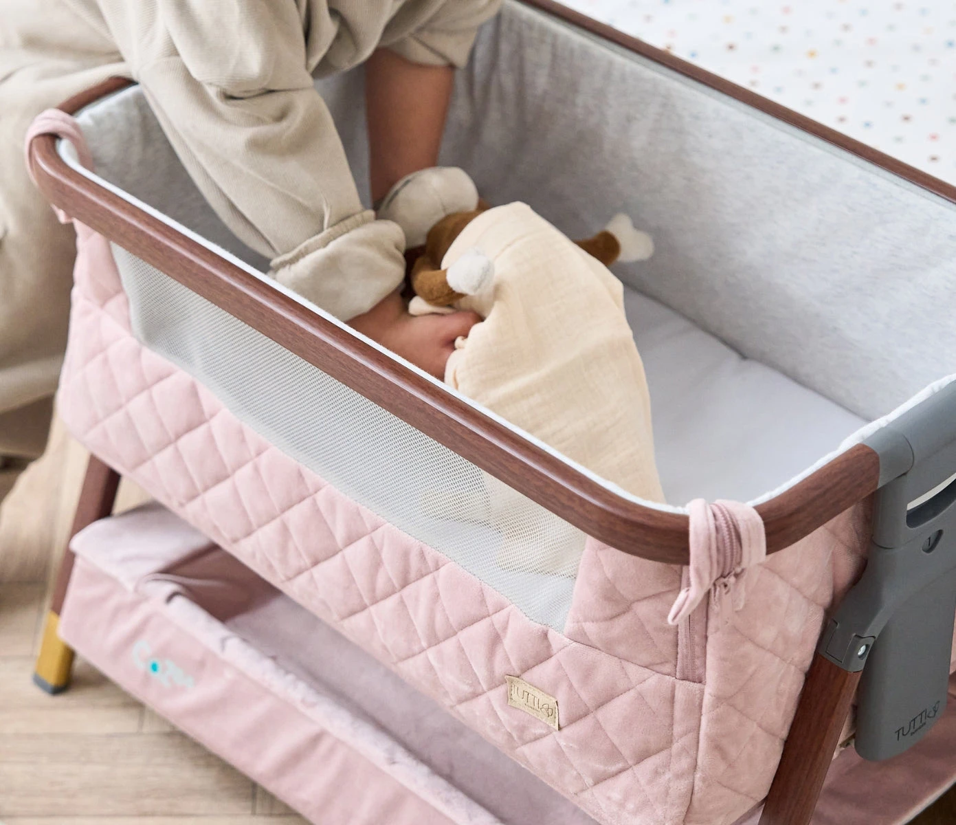 Tutti Bambini Tutti Bambini CoZee Luxe Mini Me Play Crib - Walnut & Blush Tutti Bambini Tutti Bambini CoZee Luxe Mini Me Play Crib - Walnut & Blush -Push Chair Expert Sales Lifestyle 2 CoZee Luxe Mini Me Play Crib