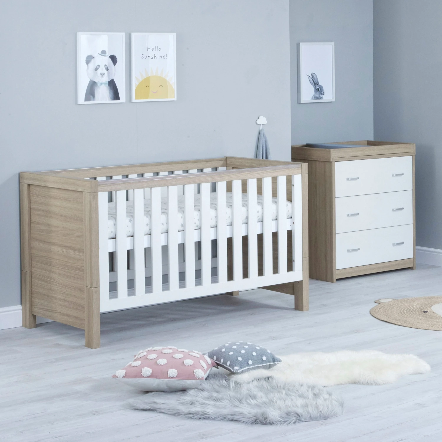 Babymore Babymore Luno 2 Piece Nursery Furniture Set with Cot Bed & Dresser - Oak White Babymore Babymore Luno 2 Piece Nursery Furniture Set With Cot Bed & Dresser - Oak White -Push Chair Expert Sales Luno 2 piece room set OAK WHITE no drawer2 scaled 1