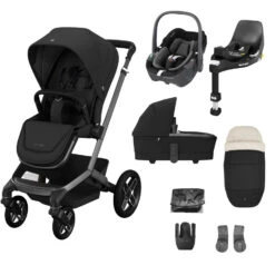 Maxi-Cosi Maxi Cosi Fame Complete Travel System Bundle With Accessories, Pebble 360 Car Seat And ISOFIX Base - Twillic Black