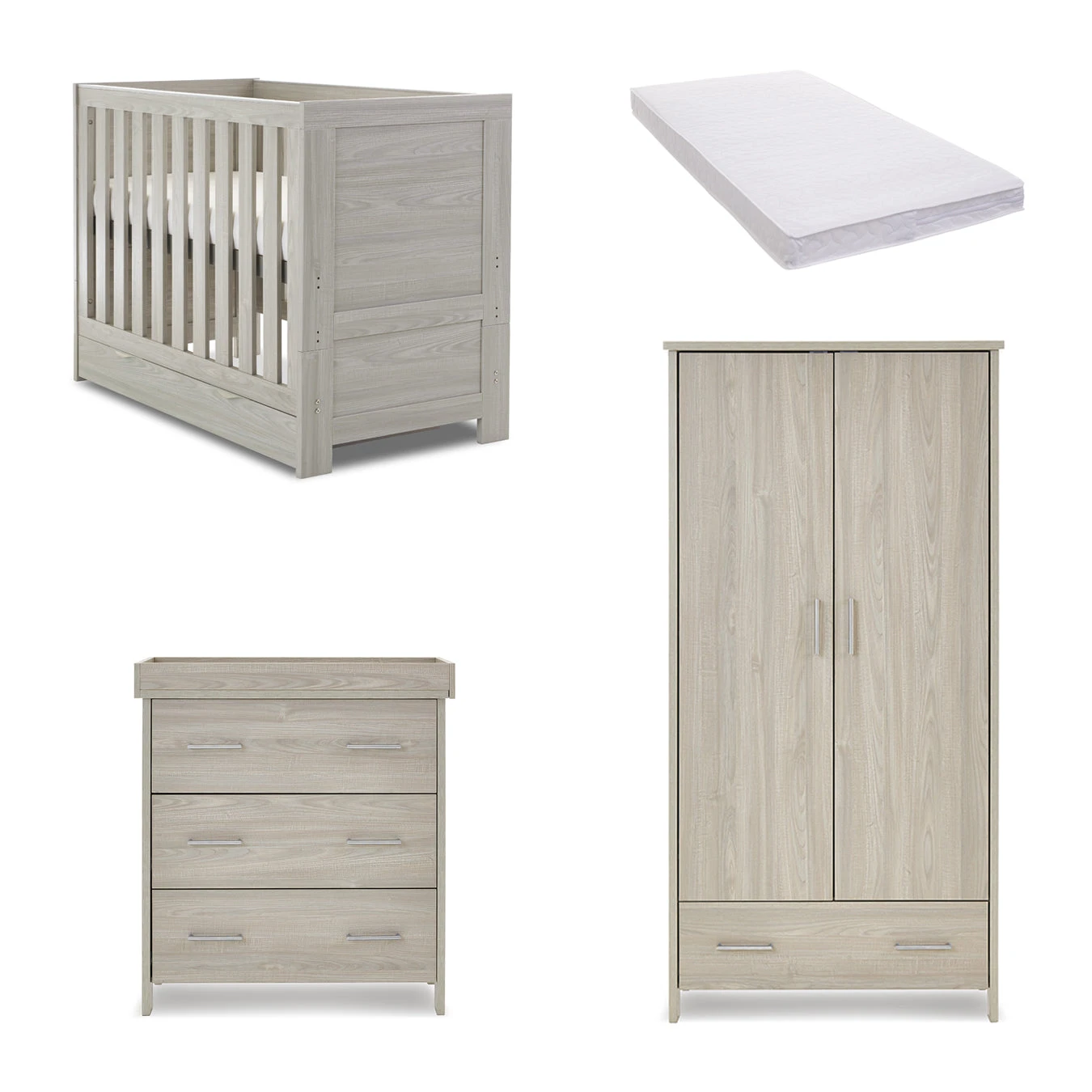 Obaby Obaby Nika Mini 3 Piece Nursery Furniture Set with Cot Bed, Dresser & Wardrobe – Grey Wash Obaby Obaby Nika Mini 3 Piece Nursery Furniture Set With Cot Bed, Dresser & Wardrobe – Grey Wash -Push Chair Expert Sales Obaby Nika Mini 3pc GREY drawer pocket sprung mattress
