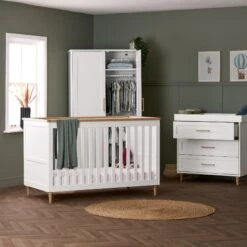 Obaby Obaby Orla 3 Piece Nursery Furniture Set With Cot Bed, Dresser And Wardrobe - White & Oak -Push Chair Expert Sales Obaby Orla 3 Pc Nursery Set Doors Open Square