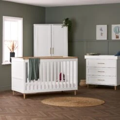 Obaby Obaby Orla 3 Piece Nursery Furniture Set With Cot Bed, Dresser And Wardrobe - White & Oak -Push Chair Expert Sales Obaby Orla 3 Pc Nursery Set with props Square 1