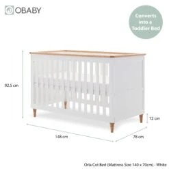 Obaby Obaby Orla Cot Bed - White & Oak 11 Obaby Obaby Orla Cot Bed - White & Oak -Push Chair Expert Sales OrlaCotBed WhiteDimensions 01 1