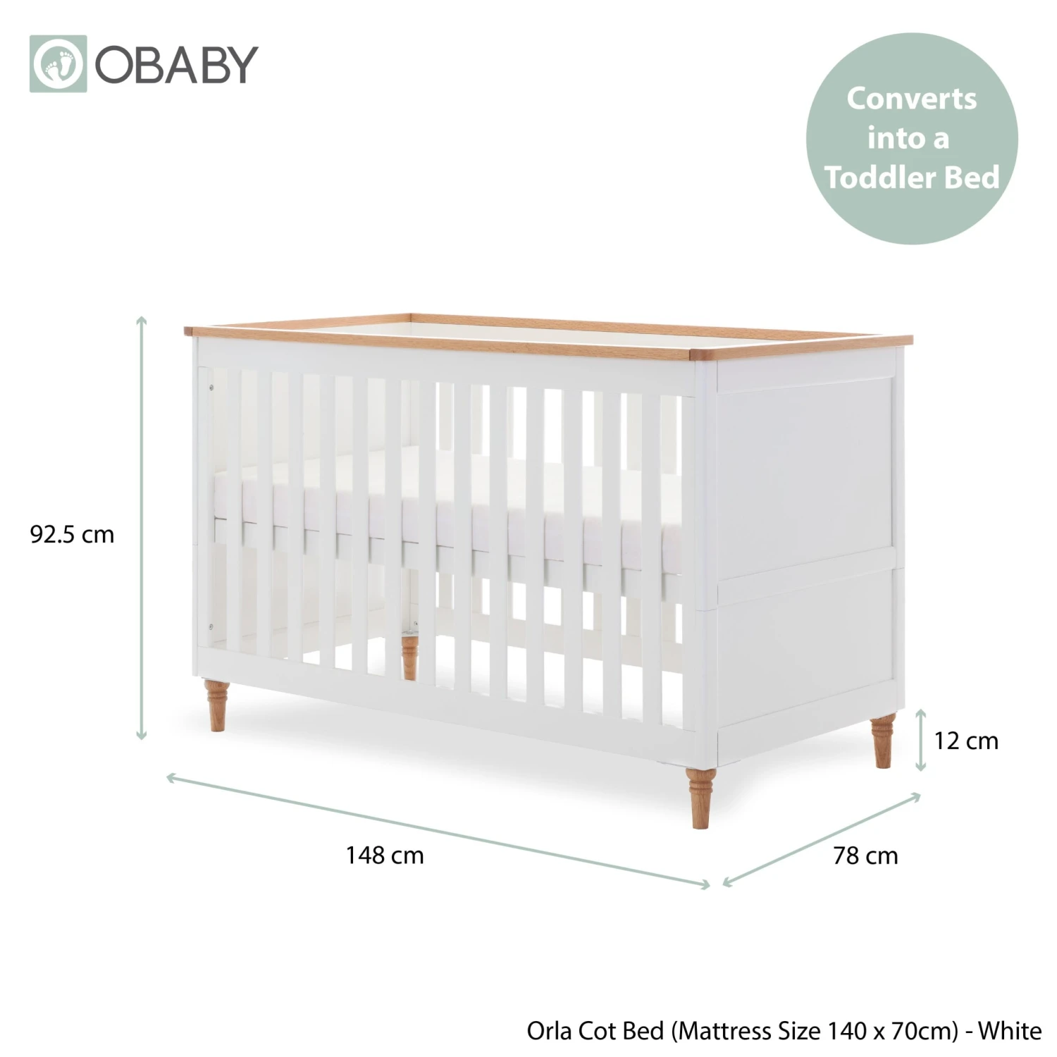 Obaby Obaby Orla Cot Bed - White & Oak Obaby Obaby Orla Cot Bed - White & Oak -Push Chair Expert Sales OrlaCotBed WhiteDimensions 01 1 scaled