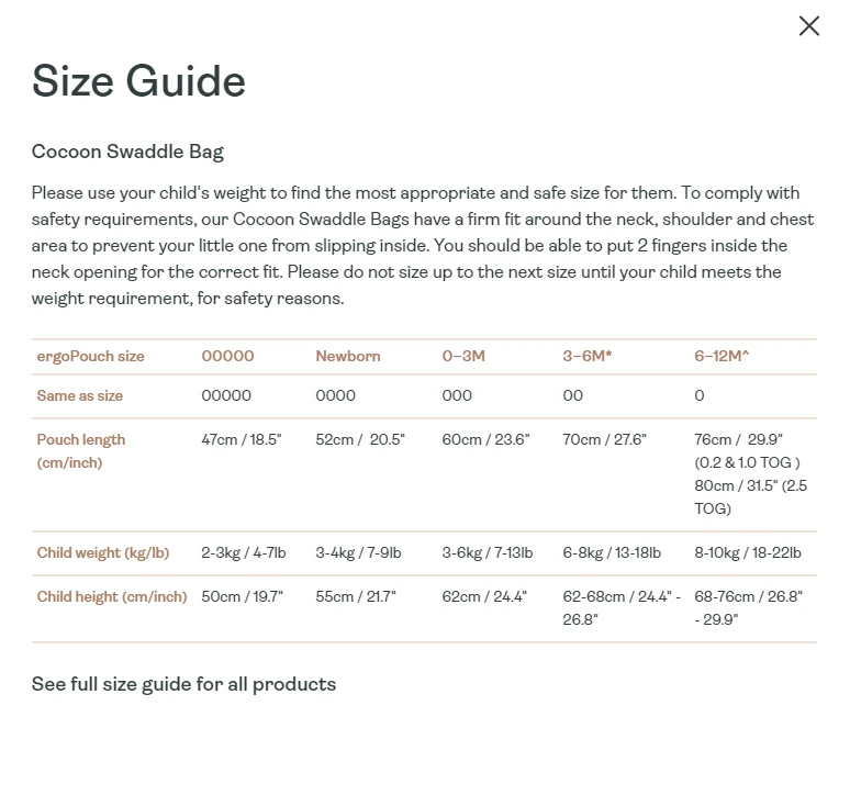 ergoPouch ergoPouch Organic All Year Swaddle Sleeping Bag | 1.0 Tog | 0-3 Months - Daisies ErgoPouch ErgoPouch Organic All Year Swaddle Sleeping Bag | 1.0 Tog | 0-3 Months - Daisies -Push Chair Expert Sales size guide 5